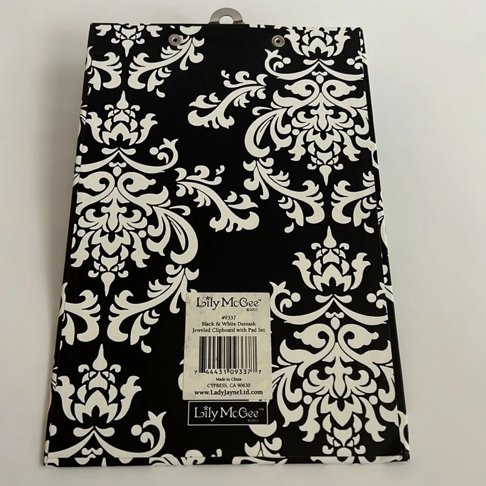 Lily McGee Black and White Damask Jeweled 6”x9” Clipboard